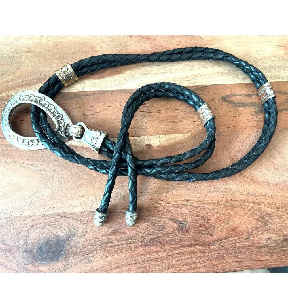Brighton vintage 90's braided leather belt silver lariat buckle S M L XL black